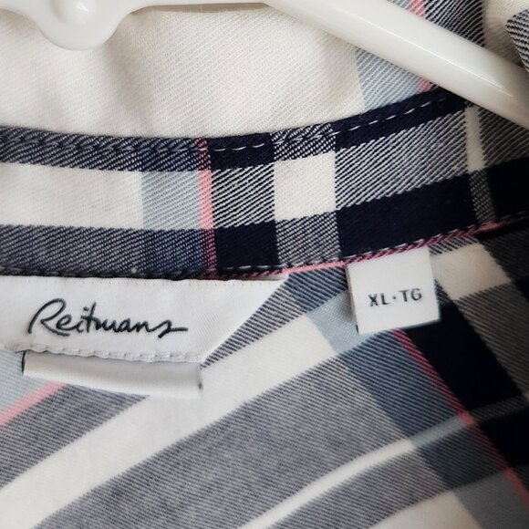 Reitmans XL White Blue Pink Plaid Button-Up Top Adjustable Sleeves - Picture 2 of 3